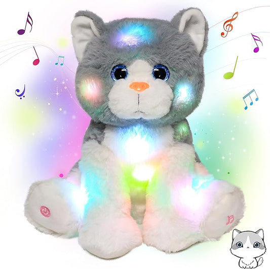 Cuteoy Light-up Singing Plush Cat LED Musical Kitty Stuffed Animal Adjustable Volume Lullaby Plushies Birthday Christmas Toy Gifts for Kids Toddler Girls, 10.5"