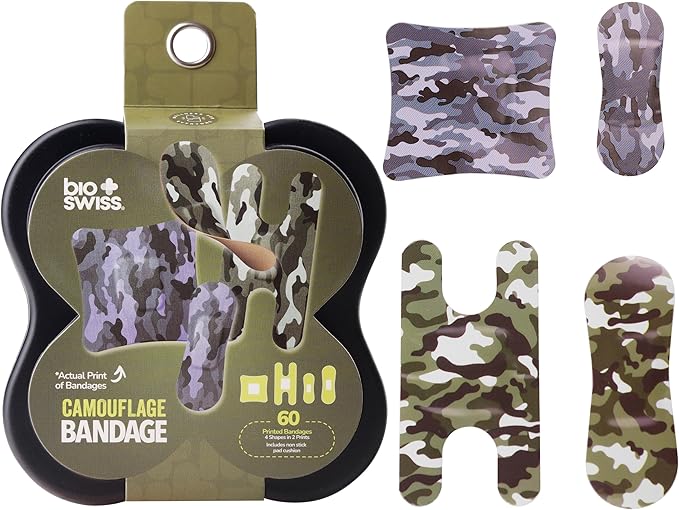 BioSwiss Bandages, Assorted Size Camoflauge Print Self Adhesive Bandage, Latex Free Sterile Wound Care, First Aid Kit Supplies for Kids and Adults, 60 Count