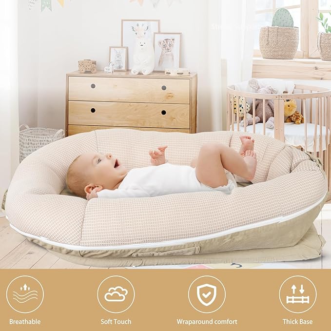 Baby Lounger, Deluxe Infant Lounger, Baby Nest Cover for Baby, Breathable Cotton, Adjustable Baby Floor Seat for Tummy Time, Newborn Essentials for Baby 0-12 Months (Khaki)