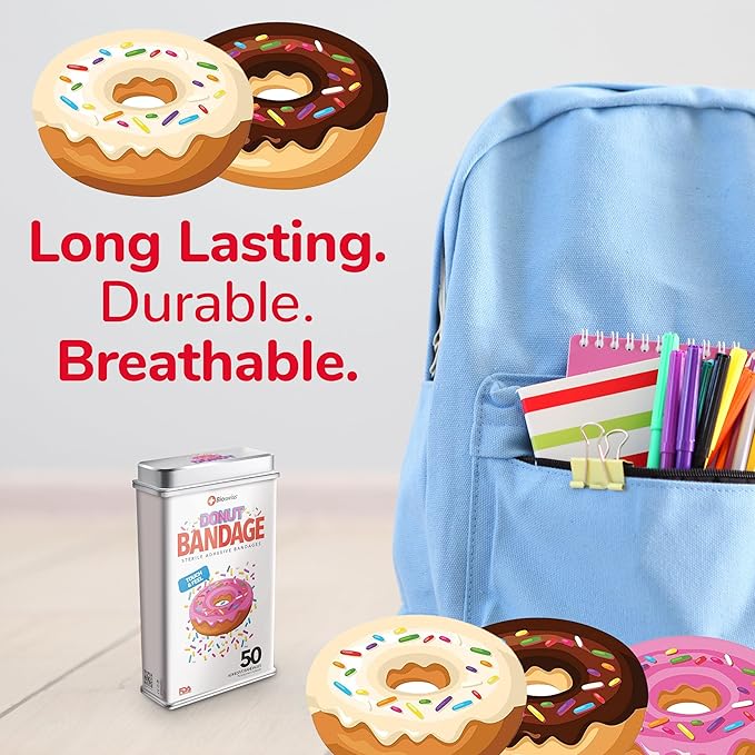 BioSwiss Bandages, Donut Shaped Self Adhesive Bandage, Latex Free Sterile Wound Care, Fun First Aid Kit Supplies for Kids, 50 Count