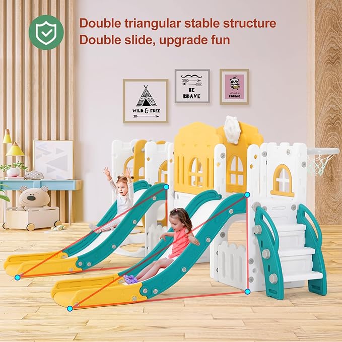 JOYLDIAS 10 in 1 Toddler Slide, Double Kid Climber Slide Playset w/Swing, Basketball Hoop, Telescope, Tunnel, Storage Space and Non-Slip Steps, Indoor Outdoor Backyard Playground Toy for Toddlers