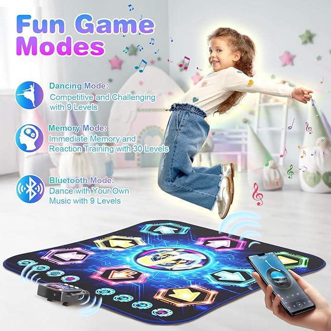 Dance Mat, 2025 Light Up 8-Button Dance Pad with Wireless Bluetooth, Upgraded Flowing Light Control System with Stands, Kids Toys Music Games Birthday for 3-12 Year Old Boys Girls