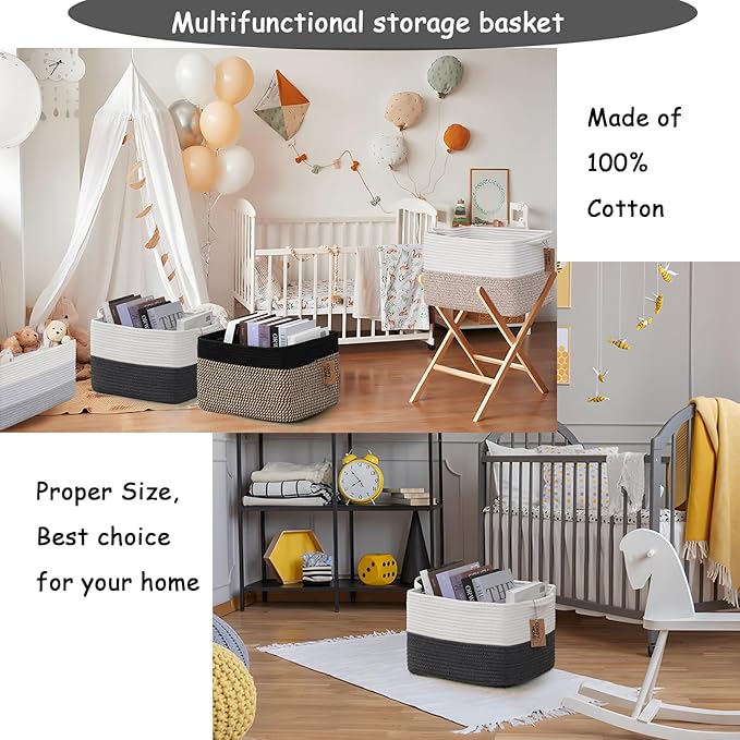 COMFY-HOMI Cotton Rope Woven Basket with Handles for Shelves,Toys,Book, Cloth Storage Baskets Bin for Organizing-13.5"x11"x9.5" Toy Decorative Organizer for Living Room, Bathroom-White/Dark Grey
