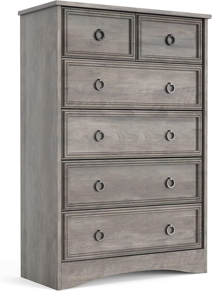 LGHM Modern 6 Drawer Dresser, Dressers for Bedroom, 44.33" Tall Chest of Drawers Closet Organizers & Storage Clothes - Easy Pull Handle, Textured Borders Living Room, Hallway, Gray