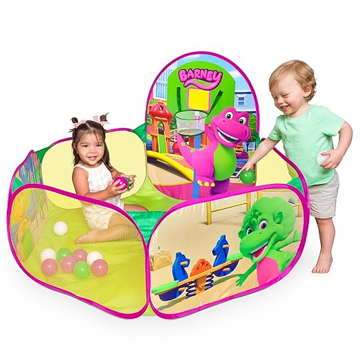 Barney Pop Up Playground, Ball Pit with 25 Play Balls and Basketball Hoop, Toddlers 2+