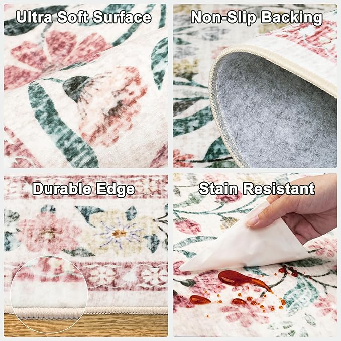 Area Rugs 9x12 Living Room: Floral Washable Rug Vintage Large Soft Boho Non-Slip Carpet Indoor Stain Resistant Low Pile Carpets for Bedroom Dining Room Farmhouse Nursery Hallway Home Office Pink Green