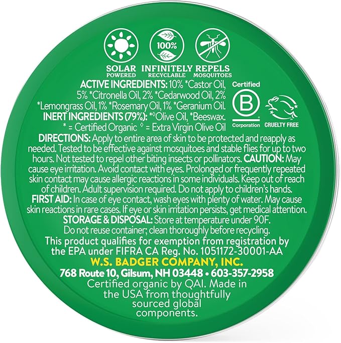 Badger Bug Repellent Tin, Organic Deet-Free Mosquito Repellent with Citronella, Family Friendly Pleasant Smelling Insect Repellent, Easy to Use, 2 oz Tin