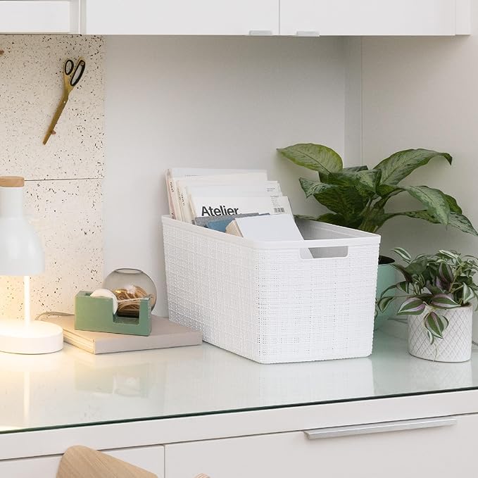 Curver Set of 4 Jute Large Decorative Plastic Organization and Storage Baskets, Perfect Bins for Home Office, Closet Shelves, Kitchen Pantry and All Bedroom Essentials, White