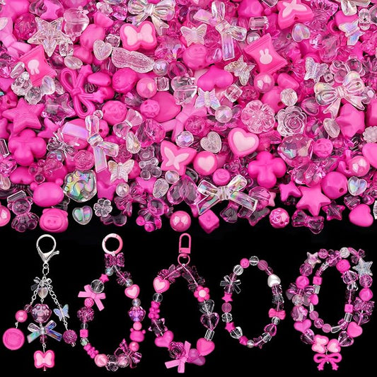 Assorted 170-230PCS Rose Pink Acrylic Beads for Bracelet Making, Flower Bow Butterfly GummyBear Aesthetic Bracelet Charms,Cute Beads for Jewelry Making DIY Necklace Keychain Phone Charm