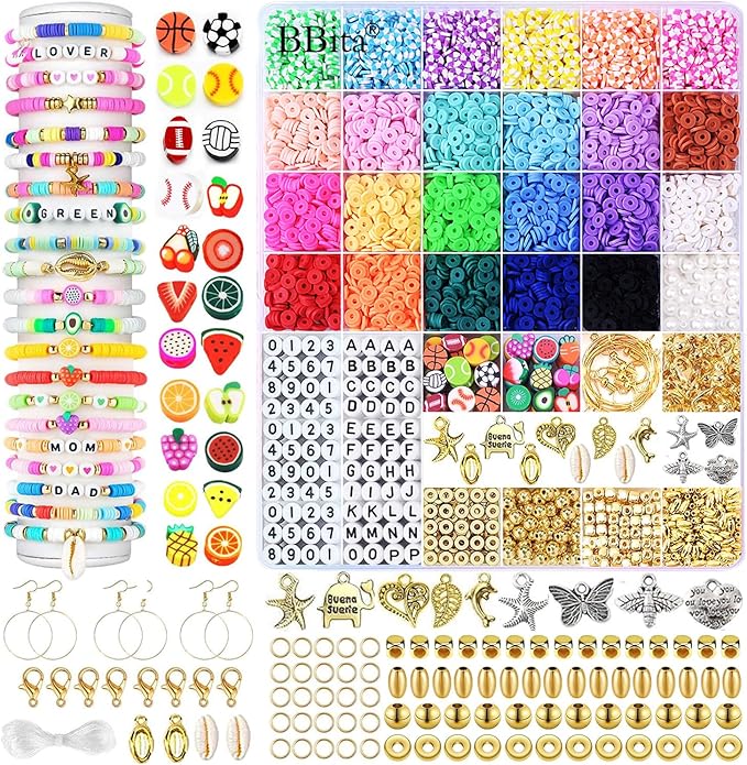 BBita 6680Pcs Clay Beads Bracelet Making Kit, Flat Preppy Beads for Friendship Bracelets, Polymer Clay Beads with Charms for Jewelry Earrings Necklaces Making Kit, Crafts Gifts for Girls Ages 6-12