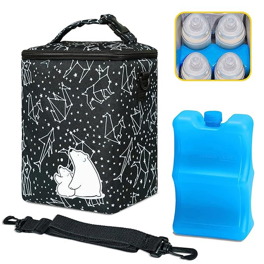 Breastmilk Cooler Bag with Ice Pack Fits 4 Baby Bottles Up to 9 Ounce Insulated Baby Bottle Bag Breast Milk Cooler on The Go with Strap Baby Bottle Cooler Bag for Nursing Mom Daycare or Travel