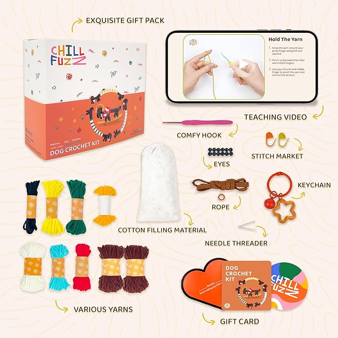 ChillFuzz Animal Crochet Kit Beginner Crochet Kit for Adults and Kids with Yarn Hook and Instructions Perfect Handmade Gift for Pet Lovers Dachshund