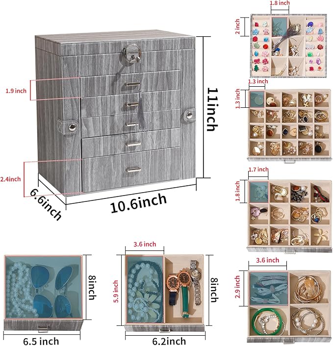 BOOVO Jewelry Box For women, 6 Layer Large Jewelry Organizer With Mirror, Accessory Holder With 5 Drawers, For Earrings Necklace Ring Bracelet (woodgrain grey)