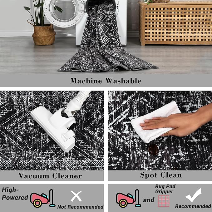 COZYLOOM Black Rug for Living Room 9x12 Machine Washable Area Rugs Modern Abstract Door Mats Non Slip Stain Resistant Geometric Accent Carpet for Bedroom, Dining Room, Nursery
