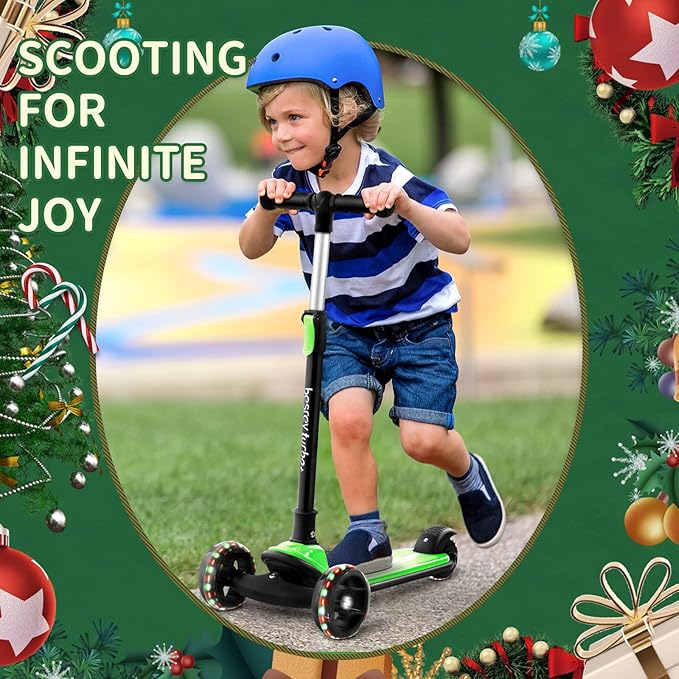 Besrey Kick Scooter for Kids Ages 3-10, 3-Wheel Folding Scooter with Adjustable Height, LED Light Wheels, Extra Wide Deck for Outdoor Activities