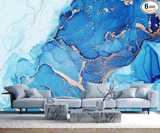 Blue Marble Wallpaper Abstract Gold Art Mural Wallpaper for Living Room Bedroom Dining Room Basement(Not Self-Adhesive)