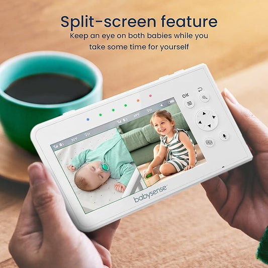 Babysense Baby Monitor with 2 Cameras and Audio 4.3", Non Wifi Baby Monitor, Dual Split Screen, Portable Double Sleep Video Monitoring, Auto Night Vision & Light, Lullabies & White Noise Two-Way Audio