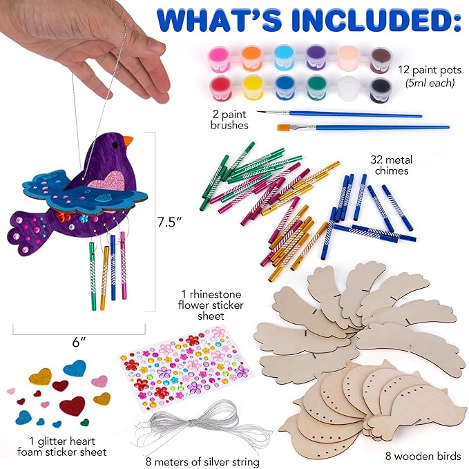 ArtCreativity DIY Wind Chime Kit for Kids - 8 Pack - Wooden Wind Chime Set with Paint Kit, Rhinestone Flower Stickers, Glitter Heart Foam Stickers, and More - Summer Arts and Crafts for Kids 3 and Up