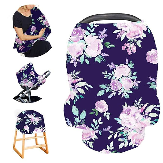 Carseat Cover Girls, Multiuse - Nursing Breastfeeding Covers, Purple Flower Theme, Car seat Canopy, Stretchy Soft Breathable