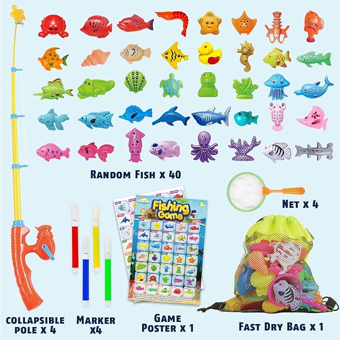 CozyBomB™ Magnetic Fishing Toys Game Set for Kids | Water Table Bathtub Kiddie Pool Party & Pole Rod Net, Plastic Floating Fish Toddler Color Ocean Sea Animals Birthday Age 3 4 5 6 Year