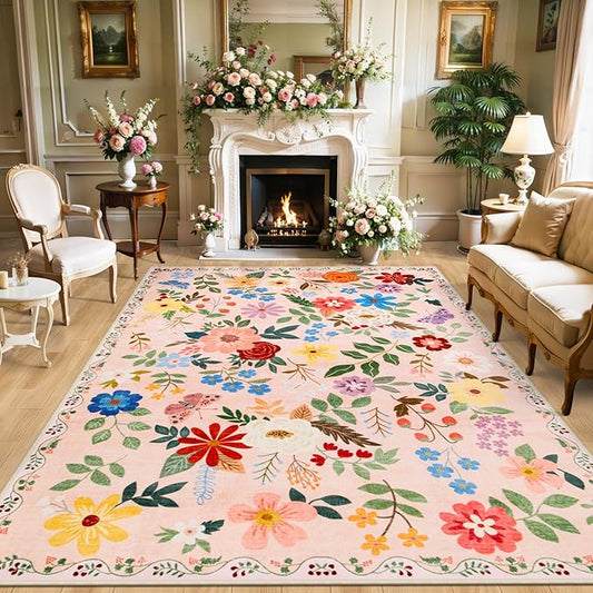 Area Rugs 9x12 Living Room: Floral Washable Rug Vintage Large Soft Boho Non-Slip Carpet Indoor Floor Stain Resistant Low Pile Carpets for Bedroom Dining Room Farmhouse Nursery Home Office Dark Beige