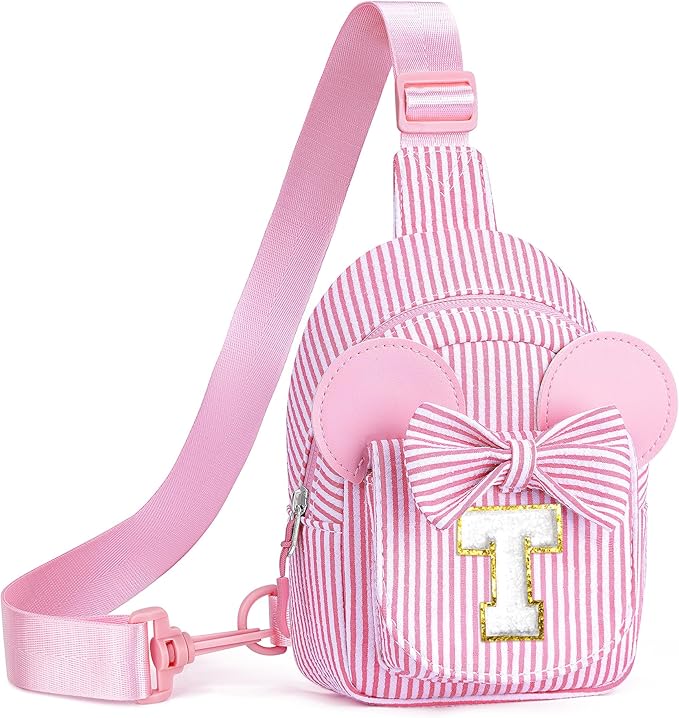 Birthday Gifts for Girls, Sling Bags for Girl Kid Travel, Birthday Gifts for 4 5 6 7 8 9 10 Year Old Girls Small Initial Pink Cross Fanny Packs Sling Bag for Daughter Gift (Pink T)