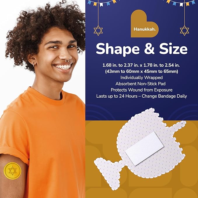 BioSwiss Bandages, Hanukkah Shaped Self Adhesive Bandage, Latex Free Wound Care, Fun First Aid Kit Supplies for Kids and Adults, 50 Count