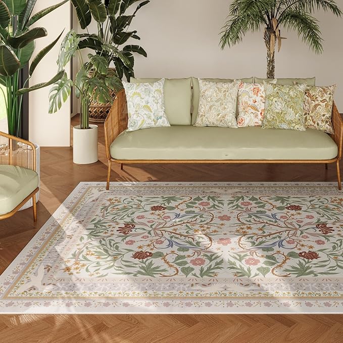 Area Rug 4x6 Rug Washable Vintage Floral Botanical Rugs Non Slip Low Pile Small Carpet for Bedroom, Bedside, Kids Room, Office, Dining Room, Beige