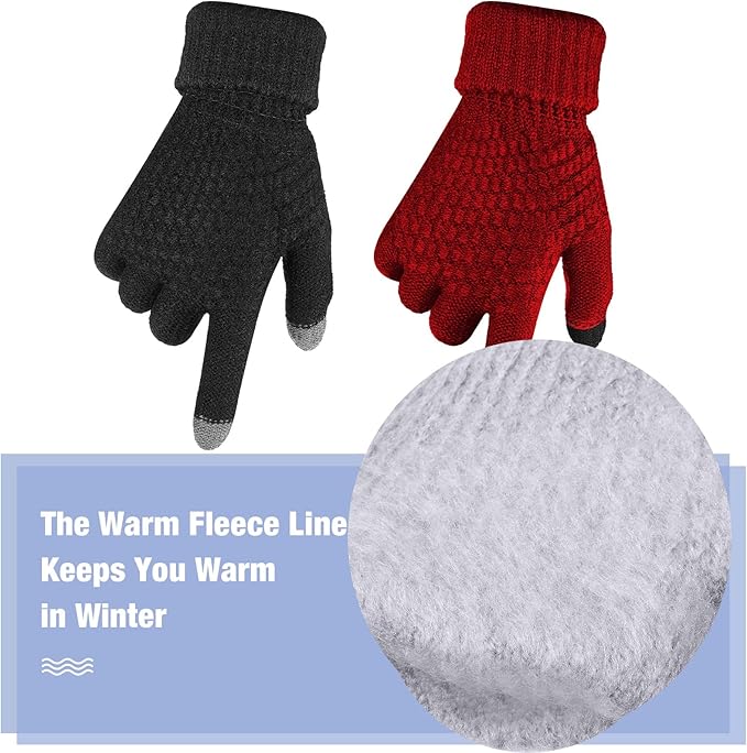 Geyoga 2 Pairs Women's Winter Touch Screen Gloves Soft Warm Fleece Lined Knit Elastic Cuff Winter Texting Gloves