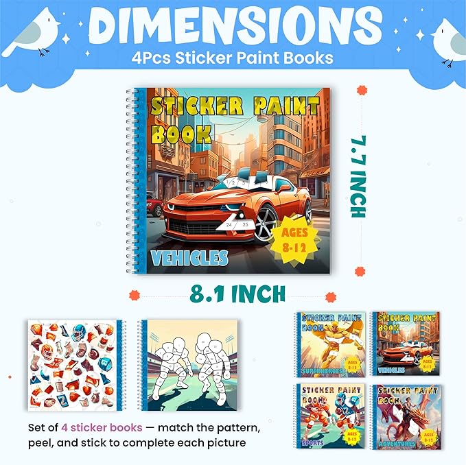 BulbaCraft 4Pcs Sticker Paint Books for Boys - Sticker Books by Number with Superheroes, Sports, Vehicles and Adventures - Coloring Activity for Kids