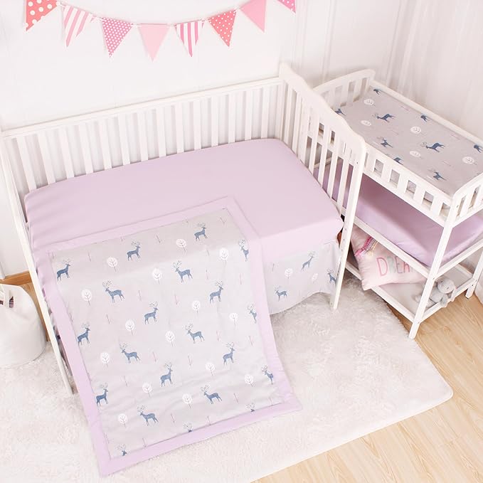 CaSaJa 4-Piece Crib Bedding Set for Boys and Girls, Nursery Baby Bedding Set Including Quilted Comforter with Fitted Crib Sheet and Changing Pad Covers, Reversible Quilt Design, Reindeer Forest