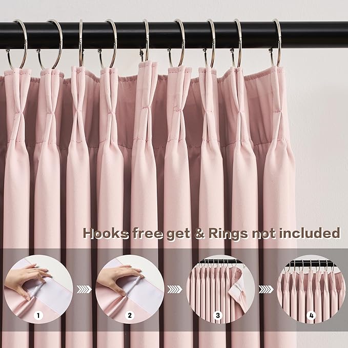 KEQIAOSUOCAI Pinch Pleated Pink Blackout Curtains 63 Inches Long, Sound & Light Reducing Room Darkening Drape for Girl's Bedroom(2 Panels, W40 x L63)