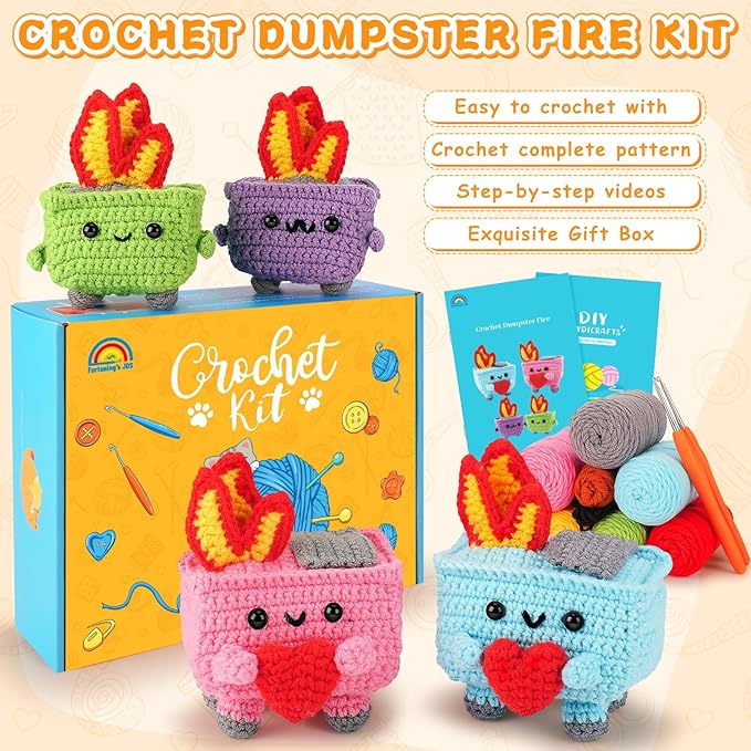 Crochet Kit for Beginners - 4PCS Dumpster Fire Complete Crochet Starter Kit with Step-by-Step Video Tutorials, Beginner Crochet Kits for Adults Kids Women, Funny Crochet Gifts