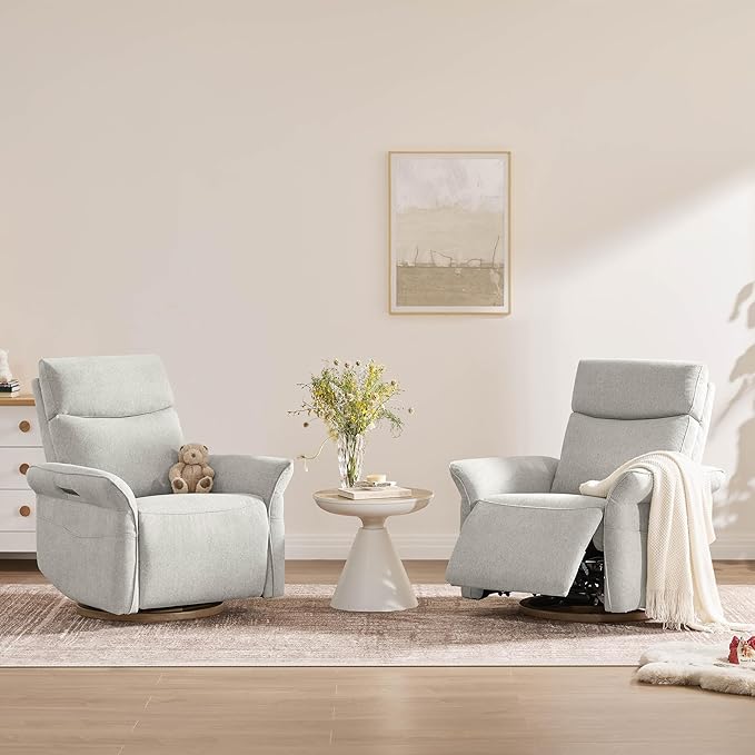 CHITA Power Recliner Chair, Electric Triple-Motor Swivel Glider Nursery Rocking Chair with Adjustable Power Headrest and Lumbar Support, GREENGARD Gold Certified, Solid Wood Base, Crockery Grey