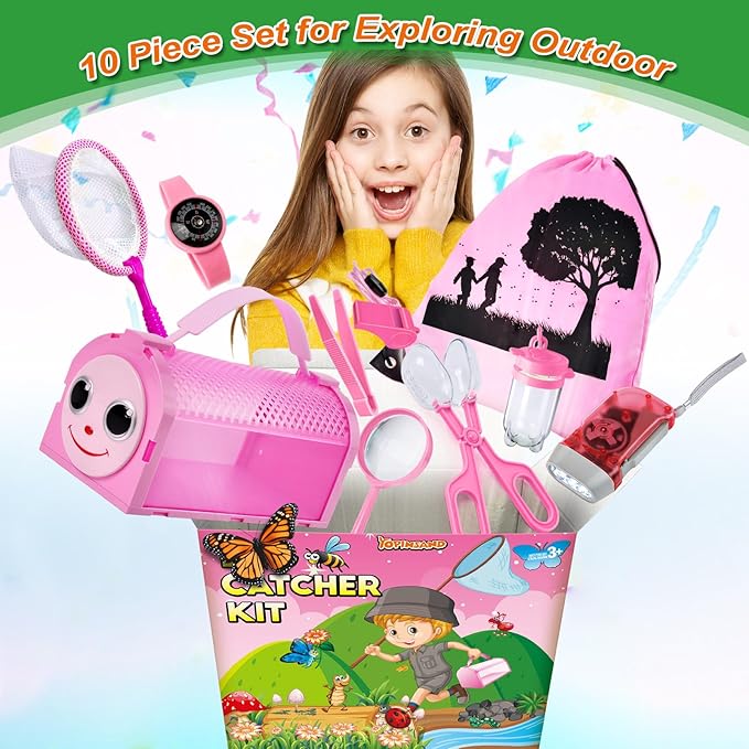 Bug Catcher Kit & Outdoor Explorer Kit for Kids, 10 Pcs Bug Catching Kit with Toy Cage, Backpack, Flashlight, Manifying Glass, Toy Net, Outdoor Exploration Toys Gift for Boys Girls 3-12