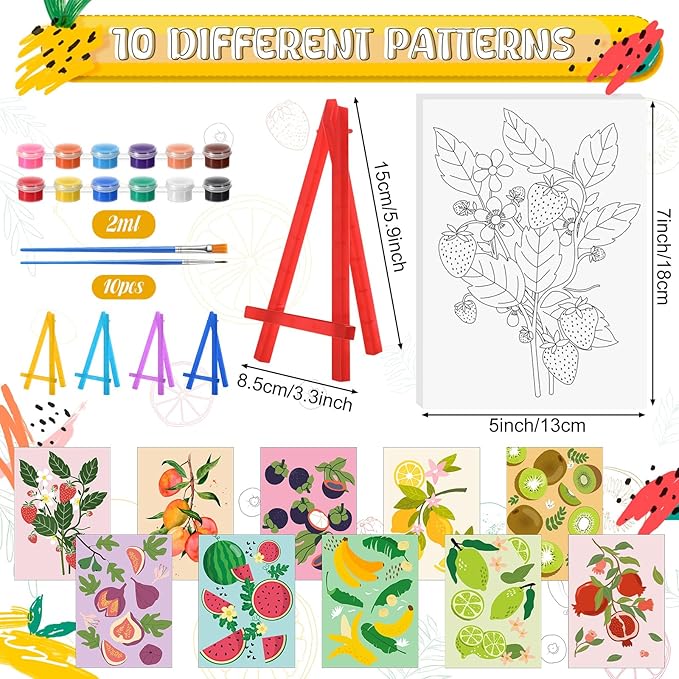 Blosssound 10 Set Pre Printed Canvas Pre Drawn Canvas Painting with Easel Kits 5" x 7" Outline Painting Panels for Beginners, DIY Craft Project, Party Favor, Home Decors(Fruit)