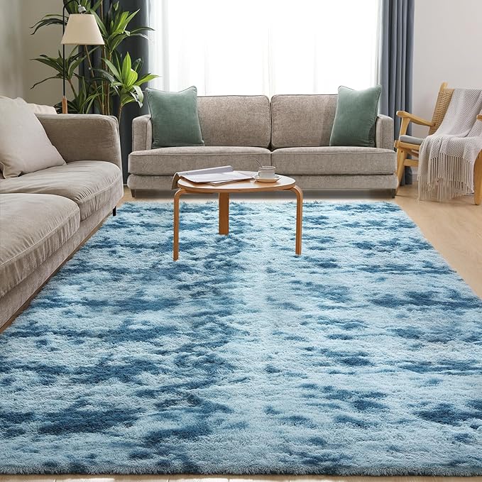 Area Rugs 9x12, Fluffy Rugs for Living Room, Ultra Soft Rugs for Bedroom, Non-Slip Indoor Carpet for Nursery, Kids Room, Playroom, Home Decor, Tie-Dyed Blue