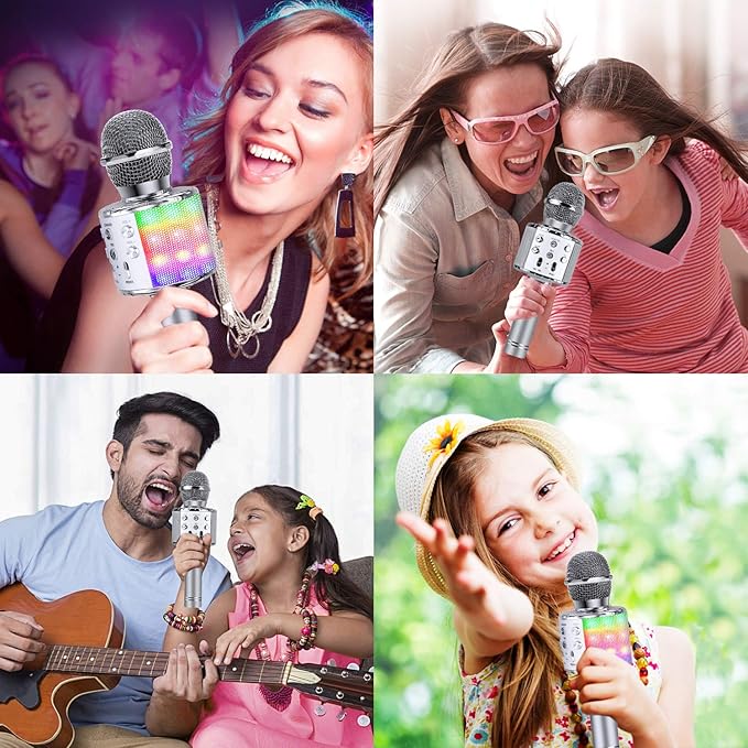 BlueFire 4 in 1 Karaoke Wireless Microphone with LED Lights, Portable Microphone for Kids, Great Gifts Toys for Kids, Girls, Boys and Adults (Silver)