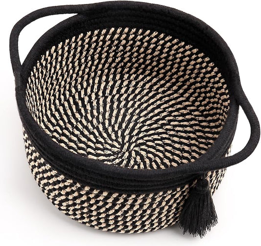 Decorative Small Gift Basket Empty – SweetMemo Cute Woven Rope Organizer Baskets for Desk, Bedside, Bathroom, Key, Round Boho Decor Cotton Bin with tassel, Gift Bag, Ribbon – Rustic Black Brown