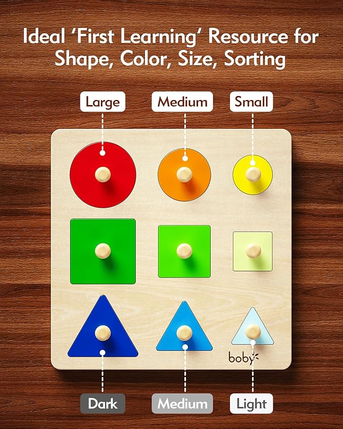 Boby Montessori Puzzles for Babies 12-18-24 Months, Wooden Jumbo Knob Peg Puzzle Shape sorter for Toddlers 1-3 Year Old, Early Learning Sensorial Toys (Shapes & Size Sorting Puzzle)