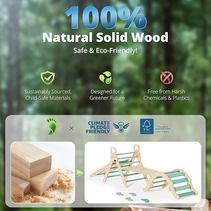 BlueWood 10-in-1 Pikler Triangle Set, Toddler Climbing Toys Indoor, Montessori Climber, Baby Jungle Gyms with Arch, Extra Rope Ladder & Footprint Balance Beam - Emerald Forest