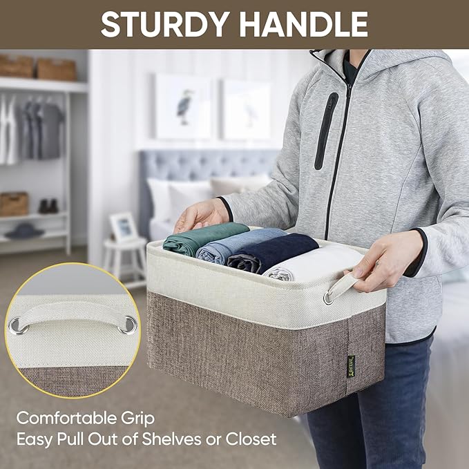 BALEINE 4 Pack Fabric Storage Bins for Shelves, Linen Storage Baskets for Organizing, Decorative Closet Bins for Clothes, Home (Brown, 15"x11"x9.5")