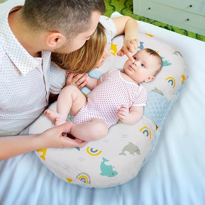 Baby Lounger for Newborns and Infants, Portable Lounger with Pillow & Foot Rest - 100% Cotton, Snug, Travel-Friendly, Breathable Fabric, Ideal for Cribs & Floor - Sprinta (Poly Snuggle)