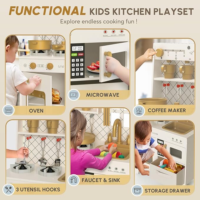 BIERUM Play Kitchen with Realistic Lights & Sounds, Wooden Kitchen Playset Chef Pretend Play Set for Toddlers, Toy Kitchen with 26 Pcs Toy Food & Cookware Accessories, Gift for Ages 3+