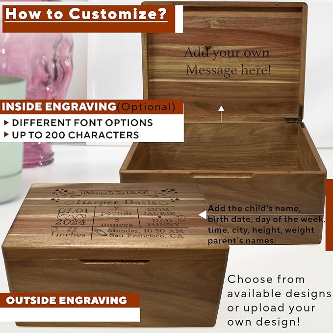 Baby Welcome Box - Personalized Gift for Baby Shower, Newborn Memory Box with Engraved Birth Statistics, Newborn Acacia Wood Large Chest, New Parents Gift Babies Keepsake, Boy & Girl, 11,5x8,5x5,5 in