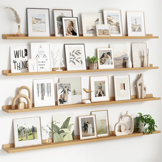 4-Pack 72 Inch Wall Mounted Floating Picture Ledge Shelves, Modern Oak Style, Perfect for Displaying Photos, Books, Collectibles, and More