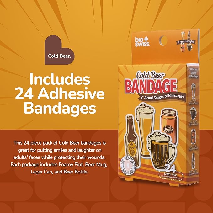 BioSwiss Bandages, Cold Beverage Shaped Self Adhesive Bandage, Latex Free Wound Care, Fun First Aid Kit Supplies for Adults, 24 Count