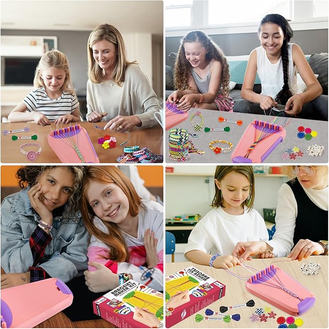 Arts and Crafts for Kids Ages 8-12,Friendship Bracelet Making Kit for Girl,Kids Jewelry Making Kit with 28 Pre-Cut Threads,Christmas Birthday Gifts for Ages 6 7 8 9 10 11 12 Year Old Pink/Purple