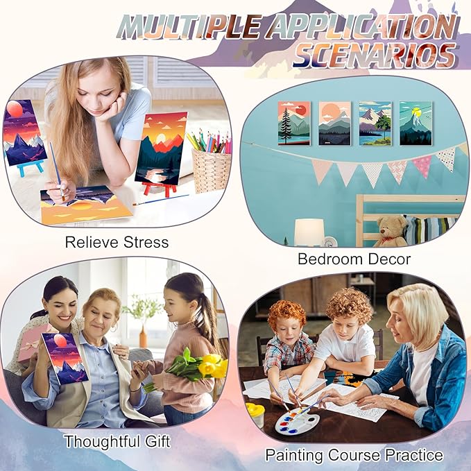 Blosssound 10 Set Pre Printed Canvas Pre Drawn Canvas Painting with Easel Kits 5" x 7" Outline Painting Panels for Beginners, DIY Craft Project, Party Favor, Home Decors(Sunset)