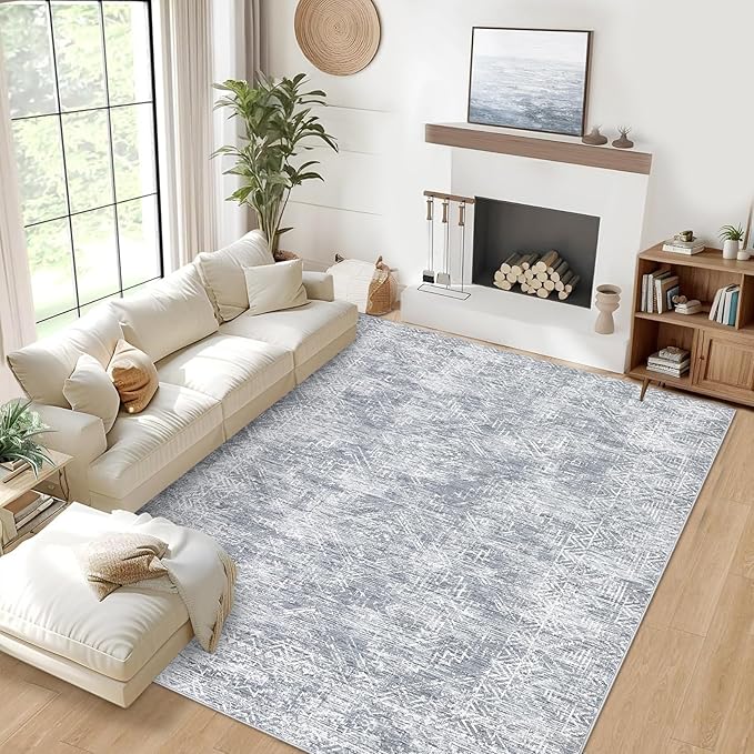 COZYLOOM 6x9 Rug Living Room Washable Modern Distressed Accent Carpet with Non-Slip Backing, Ultra-Soft Contemporary Geometric Floor Mat for Kitchen, Bedroom, Grey